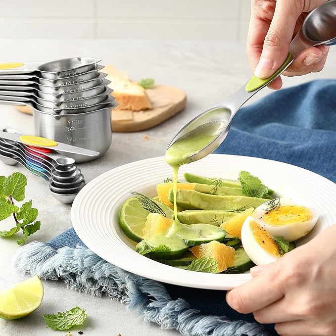 Spring Chef Magnetic Measuring Cups & Spoons Set (Patent Pending), Strong N45 Magnets, Heavy Duty Stainless Steel Fits in Spice Jars for Baking & Cooking, BPA Free, Set of 15 with Leveler, Multicolor