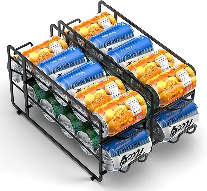 Soda Can Organizer Storage Rack, 2 Pack Stackable Beverage Soda Can Dispenser Organizer Holder for Refrigerator, Cabinet, Pantry (Black)