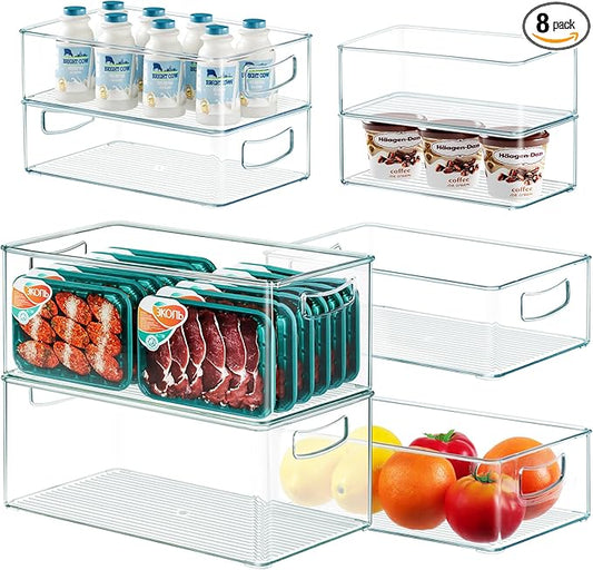 8 PACK Freezer Organizer Bins Clear Stackable Storage Bins with Side Handles for Fridge Organization and Storage Home Organization Must Haves
