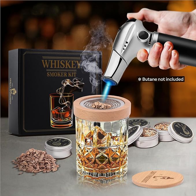 Whiskey Smoker Kit with Torch – 6 Wood Chip Flavors & 2 Glasses – Cocktail Smoker Infuser Set for Old Fashioned and Bourbon– Birthday Gifts for Men, Dad, Husband and Boyfriend(Butane Not Included)