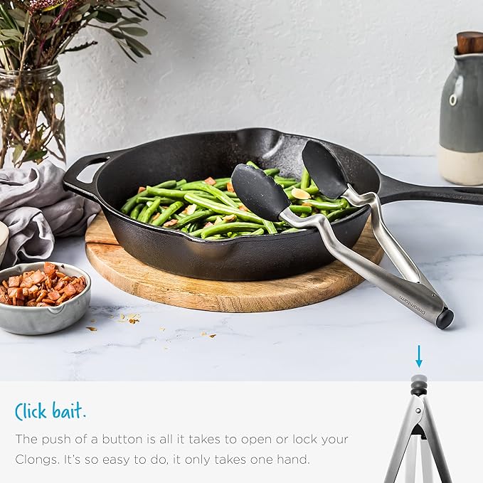 Dreamfarm Clongs Grippy Silicone & Stainless Steel Kitchen Cooking Tongs with Click-Lock Open & Close - 9" Black