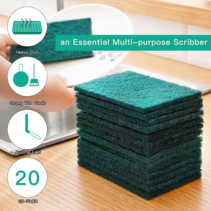 Heavy Duty Scour Pads Sponge Dish Scrubber Non-Scratch Green Reusable Household Scrub Pads for Kitchen and Dish Cleaning Tool (12Pcs)