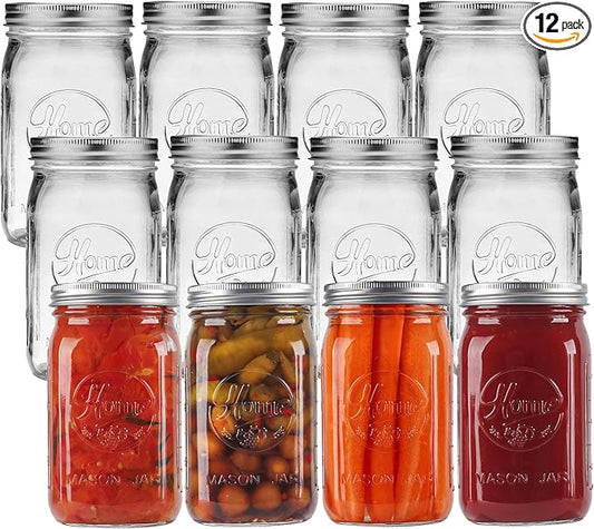 12 Pack Wide Mouth Mason Jars 32 oz - Heavy Duty Glass Quart Mason Jars With Airtight Lids for Pickling, Canning, Food Storage, Meal Prep and Fermenting, Leak Proof
