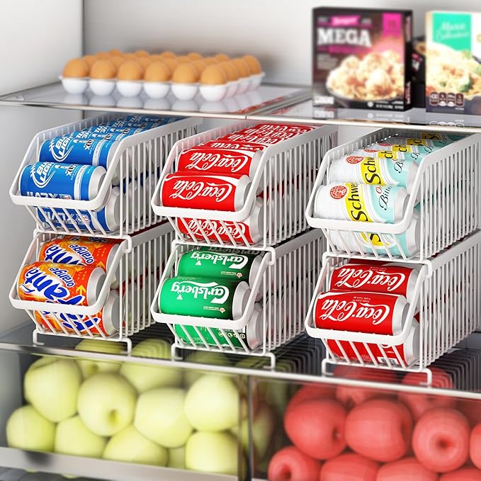 GILLAS 6 Pack Stackable Soda Can Organizer for Refrigerator, Can Holder Dispenser, Canned Food Storage Rack for Fridge, Kitchen, Countertops, Cabinets, White
