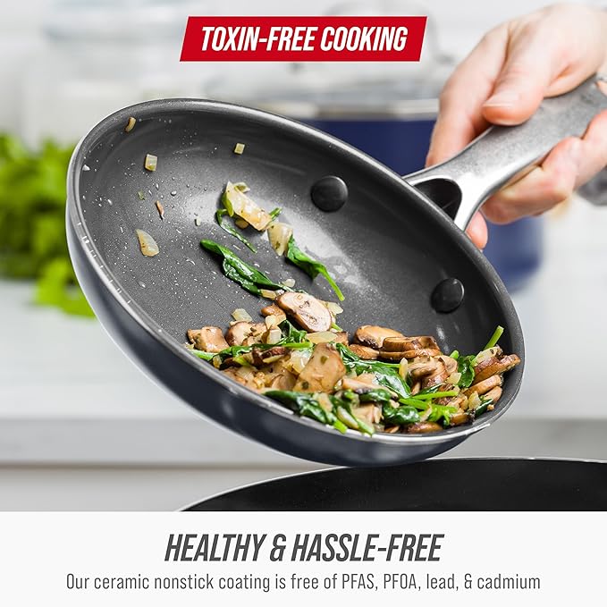 Blue Diamond 8" Nonstick Frying Pan Skillet, Diamond Infused PFAS & PTFE-Free Ceramic Pot, Dishwasher & Oven Safe, Stay Cool Handle, Durable Non Toxic Metal Utensil Safe, Egg & Omelet Pan, Gray