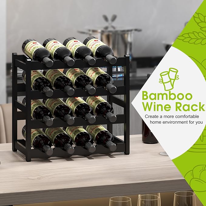 BMOSU Bamboo Wine Rack Wine Storage Cabinet Shelf 16 Bottle Wine Racks Countertop Sturdy for Kitchen Dining Room Pantry - 4 Tiers Wine Rack(Black)