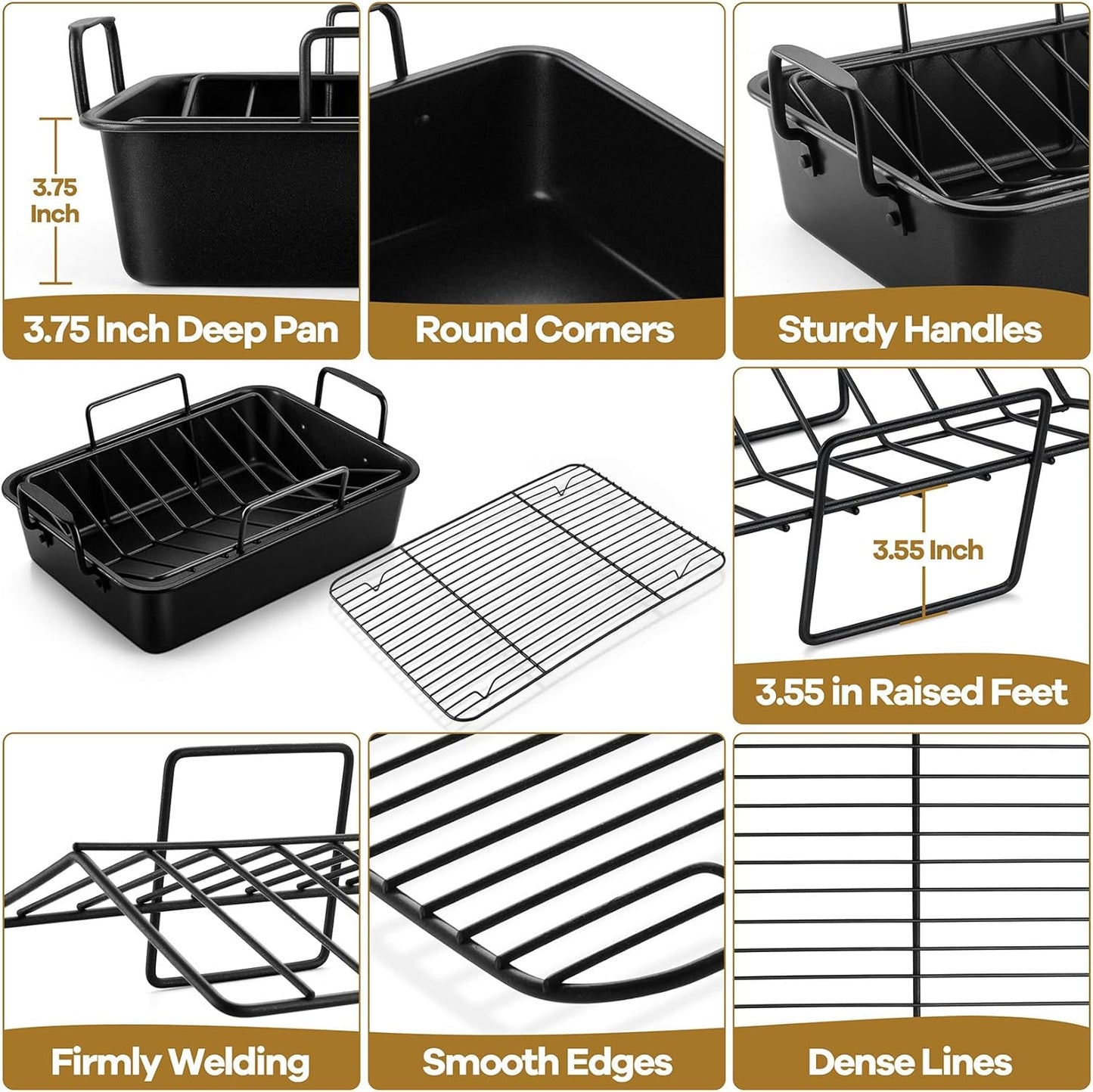 P&P CHEF 16" Roaster Roasting Pan with Baking Rack and V-shaped Rack, Stainless Steel Rectangular Lasagna Pan with Handles for Turkey Chicken, Healthy & Dishwasher Safe, 3 Pieces, Black