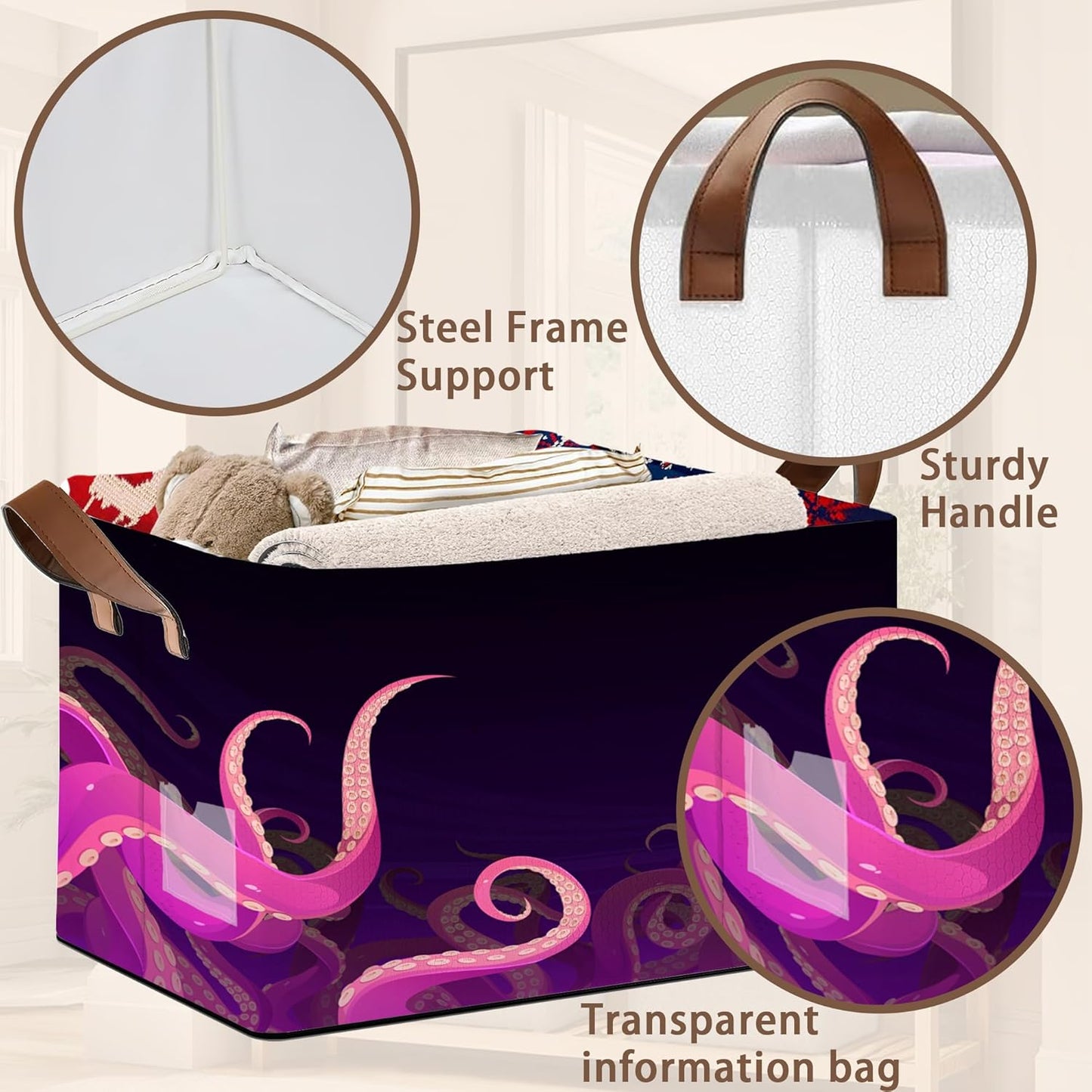 Ocean Life Storage Basket Large 17x11.5x10.5 Inche-Collapsible Fabric Organizer Bin with Handles for Beach House, Kids Room, Marine Theme-Decorative Hamper with Sea Creature Tentacle-Single Pack