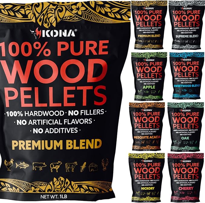 Kona Premium BBQ Wood Pellets Offer high BTU, Clean-Burning, Low-ash, and Low-Moisture for Great Flavor. No Soaking Needed. Includes 8 Varieties. Use 1/3-1/2 Cup per Session for Hours of Smoking.