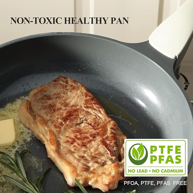 Nonstick Ceramic Frying Pan with Lid, Non Toxic Skillet, Healthy Egg & Omelet & Chef's Pan, PTFE PFOA & PFAS Free, Induction Compatible (12Inch W/L)