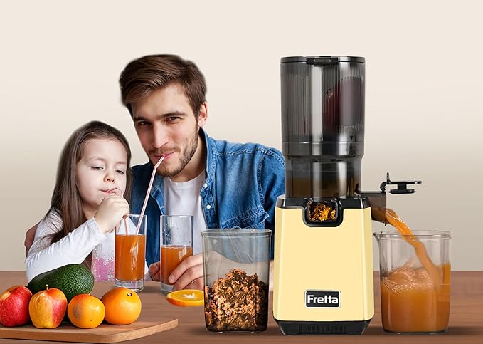 Cold Press Juicer Machines,Fretta 5.3'' Self Feeding Slow Masticating Juicers Fit Whole Fruits & Vegetable Easy Clean Juice Extractor,Tritan Material BPA Free 250W (Yellow)