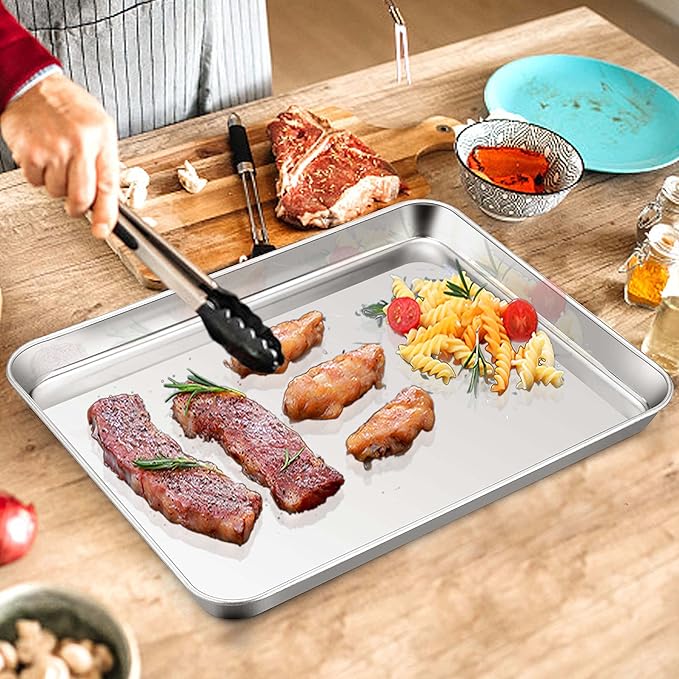 Homikit Baking Cookie Sheet Set of 2, Stainless Steel Cooking Sheets Pan Tray for Oven, 20 x 14 Large Metal Half Sheet for Cooking Baking, Rustproof & Heavy Duty, Mirror Finish & Dishwasher Safe
