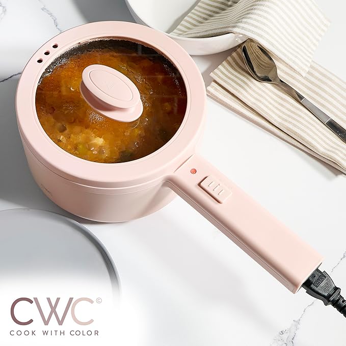 COOK WITH COLOR Electric Hot Pot, 1.6L Mini Cooker, 700W Power, Non-Stick Surface, Thermal Cut-Out Protection, Perfect for Rice, Noodles, Soups, Stews, Dorms, Apartments, and Small Kitchens, Blush