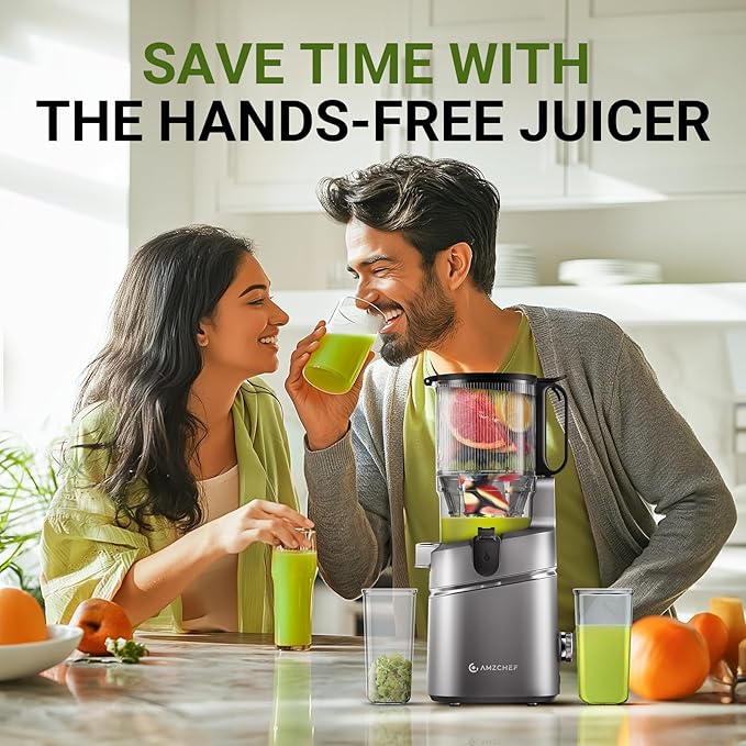AMZCHEF Juicer Machines, 5.3" Extra Self-Feeding Cold Press Juicer for Whole Vegetable & Fruit, Juice Extractor Machine with Large Auger & Triple Strainers, Easy to Clean, High Juice Yield, Grey