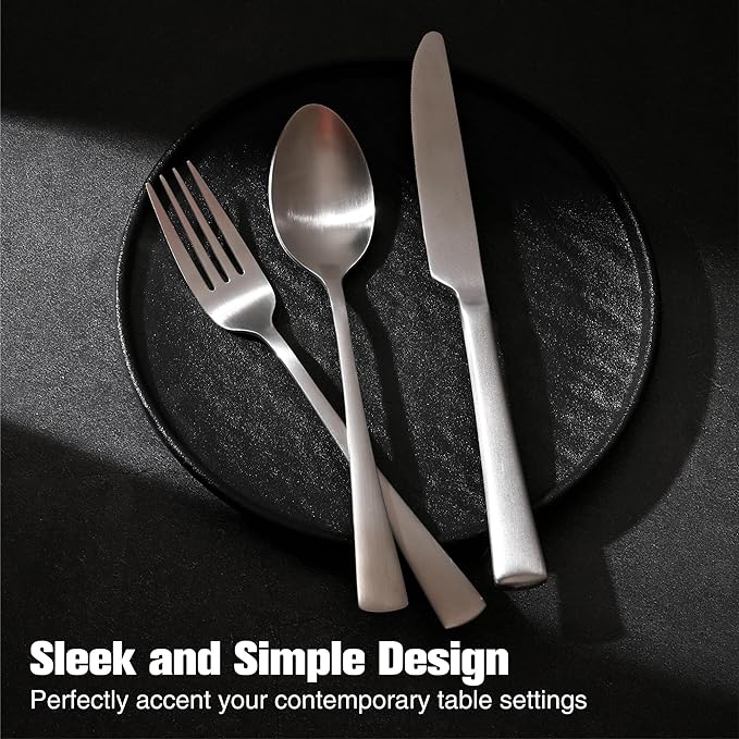 KINGSTONE Forged Silverware Set, 20 Piece Flatware Set for 4, 18/10 Stainless Steel Silverware Matte Satin Finish Dishwasher Safe