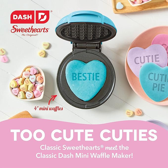 DASH x Sweethearts® Mini Waffle Maker - 4” Waffle, Heart Shaped Waffle, Nonstick Waffle Iron with Quick Heat-Up, Perfect Mini Waffle Maker for Kids and Families, Valentines Day - Bestie (Blue)