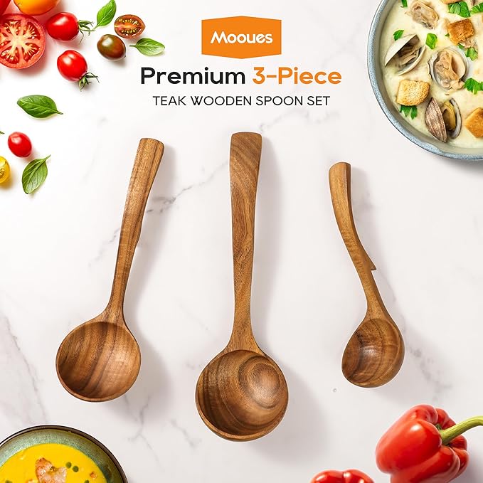 Wooden Ladle for Soup, 3 Size Teak Wood Ladle Spoon with Back Hooks, Heat Resistant Wooden Spoons for Cooking, Non-Stick, Comfortable Grip, Wood Kitchen Utensils Set for Serving, Stirring
