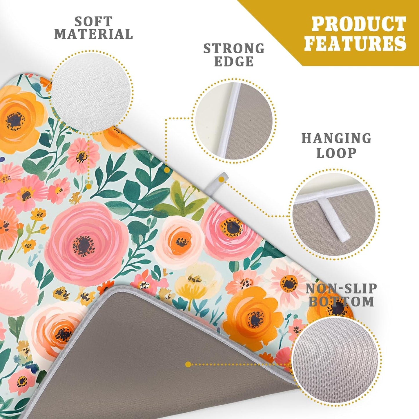 Watercolor Flower Dish Drying Mat - Pink Floral Drying Mat for Kitchen Counter 18 X 24 In