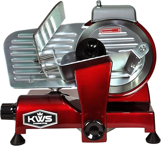 KWS MS-6RS Premium 200w Electric Slicer 7.67-Inch in Red Stainless Steel Blade, Frozen Meat Deli Meat Cheese Food Slicer Low Noises Commercial and Home Use