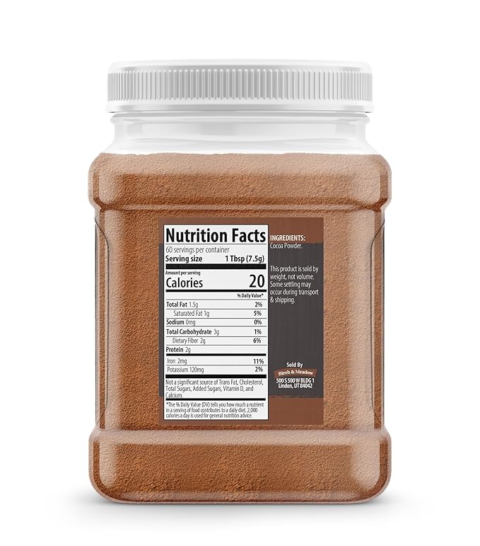Birch & Meadow Natural High Fat Cocoa Powder, Non-Alkalized, 22/24% Cocoa Butter, Baking (16 Ounce)