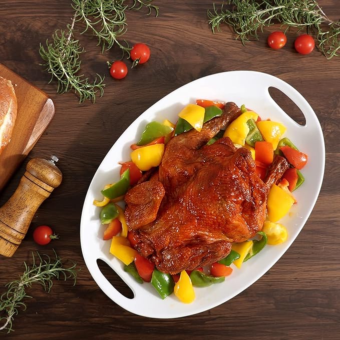 Porcelain Serving Platter with Handles, 14" serving dishes for entertaining, Oval Serving tray for Salad, Stew, Fruits and Pasta, Set of 2, White