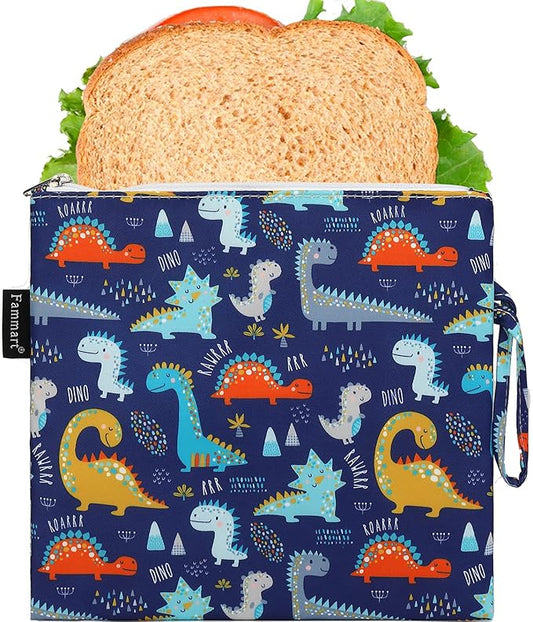 Reusable Sandwich Bag/Snack Bag for Kids & Adults, Dual Layer Lunch Bag with Handle, Cosmetic Bag Makeup Travel Bag for Women Girls, Washable, Food Safe, BPA Free (1-Pack, Dinosaur)