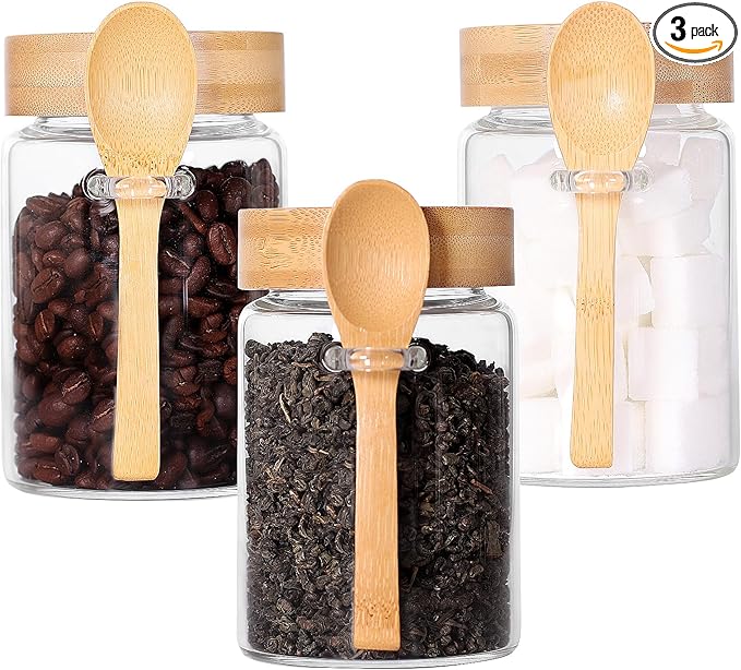 Glass Jar with Screw Lid and Spoon Set of 3, 16 OZ Tea Containers for Loose Leaf Tea, Salt and Sugar Containers for Countertop, Yogurt Jars for Overnight Oatmeal