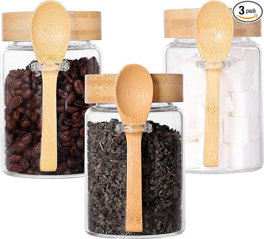 Glass Jar with Screw Lid and Spoon Set of 3, 16 OZ Tea Containers for Loose Leaf Tea, Salt and Sugar Containers for Countertop, Yogurt Jars for Overnight Oatmeal