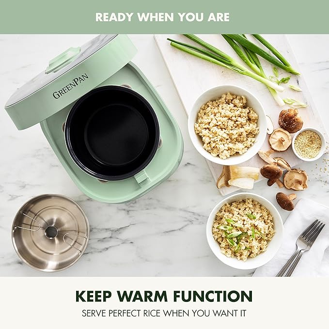 GreenPan Rice Cooker, 8 Cups Cooked (4 Uncooked), Low-Carb & Soup Mode,10 ONE-TOUCH Cooking Presets, PFAS-Free Ceramic Steamer Basket, Fuzzy Logic, Auto Keep Warm, Oats, 24HR Delay Timer, Mint Green