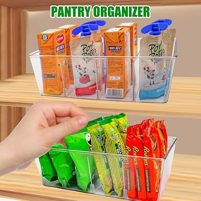 4 Pcs Clear Pantry Organizers and Storage,Plastic Storage Bins for Fridge with Removable Dividers, Kitchen Cabinet Organizers Ideal for Kitchen, Pantry, Refrigerator, Freezer, and Snack Storage