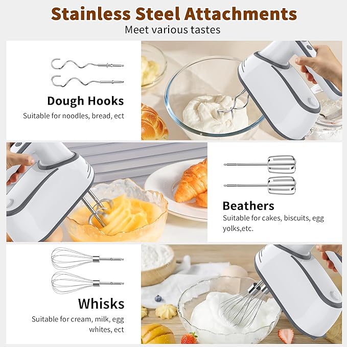 Cordless Electric Hand Mixer: 12 Speeds Powerful Handheld Mixer with 6 Stainless Steel Attachments (2 Beaters, 2 Dough Hooks, 2 Whisks), Snap-On Storage Case & Eject Button (White)