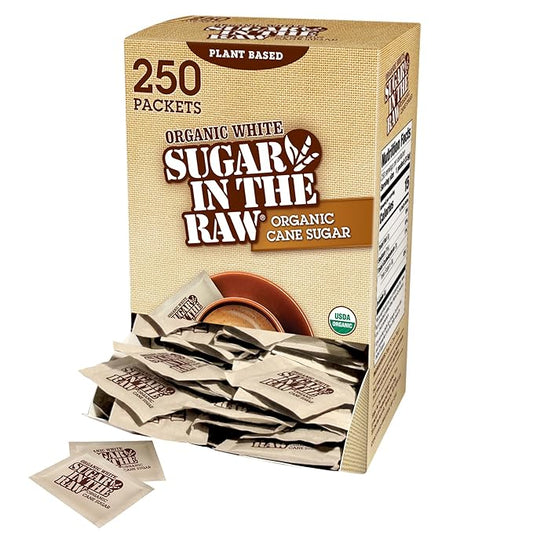 Sugar In The Raw Organic Granulated White Premium Cane Sugar, No Added Flavors or erythritol, Pure Natural Sweetener, Hot & Cold Drinks, Coffee, Tea Vegan, Gluten-Free, Non-GMO, Bulk Sugar, 250 ct packets (1-Pack)