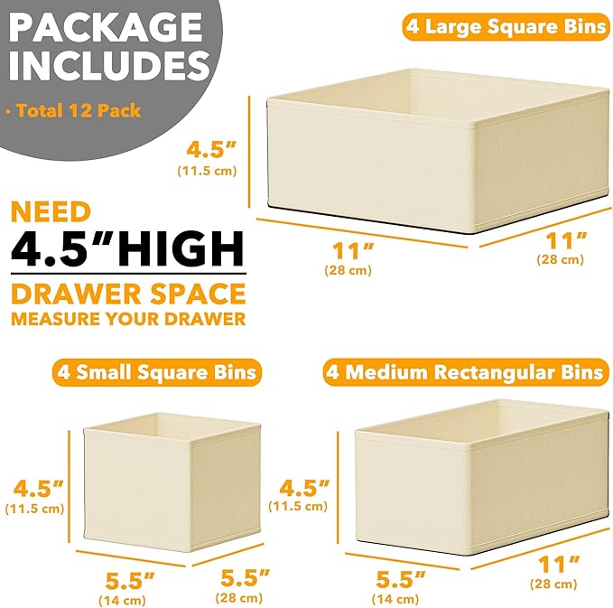 SpaceAid Drawer Organizer Clothes, 12 Pack Dresser Organizer Bins for Nursery, Closet Organization and Storage Dividers for Clothing, Baby Clothes, Underwears, Socks (Beige)