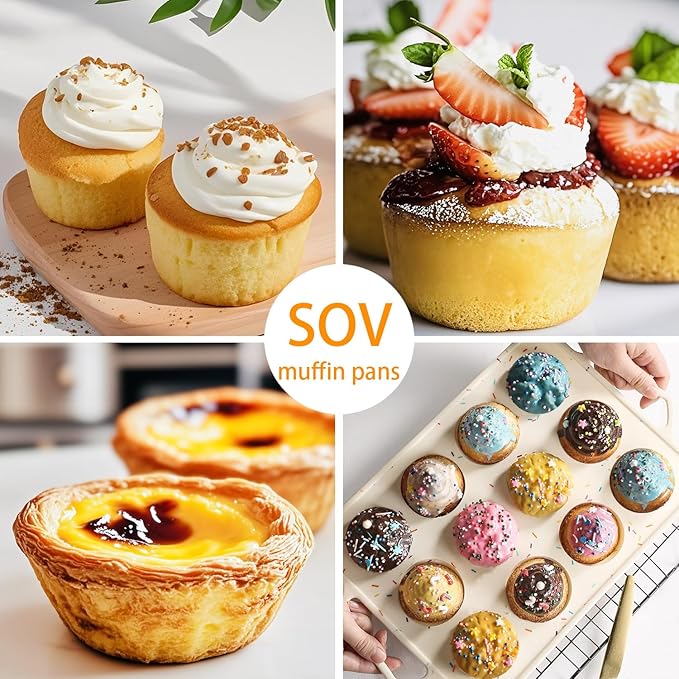SOV Silicone Muffin Pan for Baking with Metal Reinforced Frame, Non-Stick 12 Cups Muffin Pan for Muffin Cakes, Tart, Bread,Cupcake Baking Pan Molds, Oven & Dishwasher Safe, 2 packs (white-D)