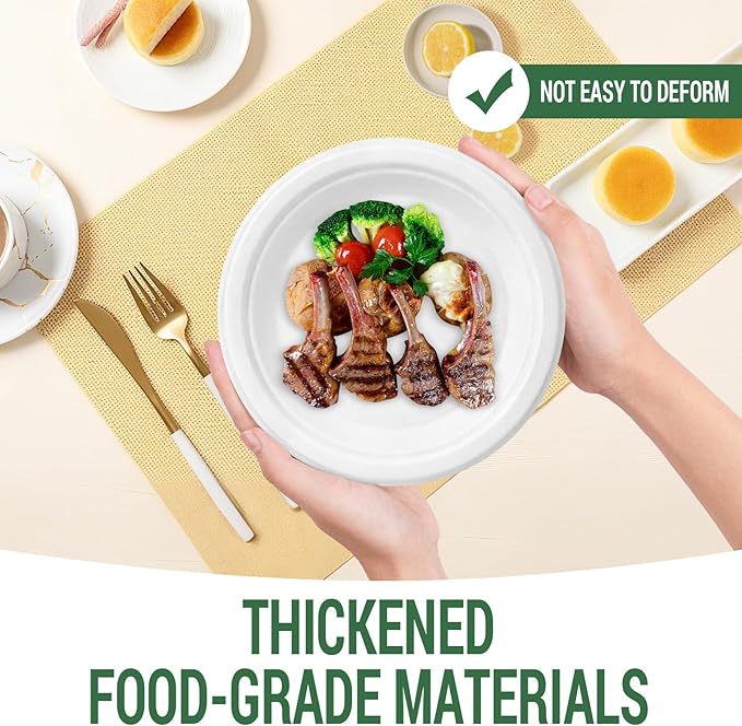 50 Compostable Paper Plates, Includes 25-9" & 25-7" Heavy Duty Disposable Plates, Biodegradable Sugarcane Bagasse, White