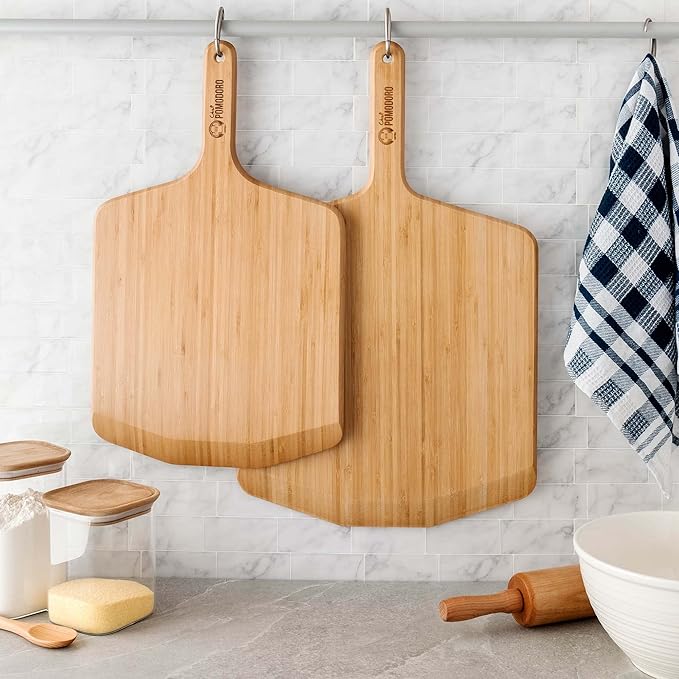 Chef Pomodoro Wooden Pizza Peel 14 inch, Homemade Wood Pizza Paddle, Board with with Handle, Indoor and Outdoor Oven Accessories, Spatula Gourmet Prep Shovel for Launching and Serving Pies and Bread