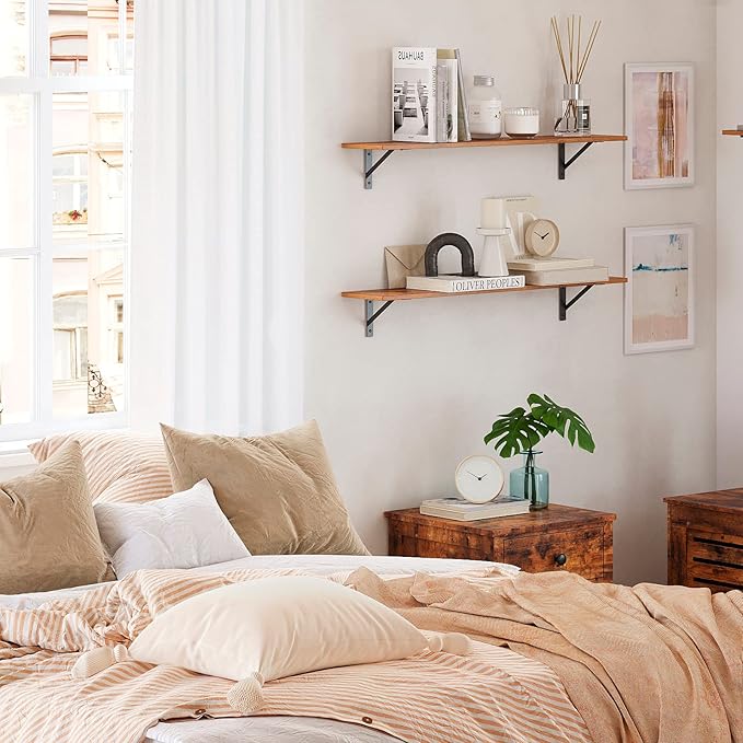 DINZI LVJ Wall Shelves, 23.6 x 7.9 x 6.1 Inch Floating Shelves for Wall, Easy-to-Install Wall Storage Ledges with Sturdy Metal Brackets for Living Room, Bathroom, Kitchen, Rustic Brown