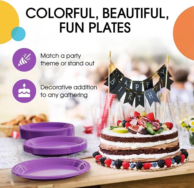 Exquisite Party Solids Purple Plastic Plates For Party 7" Purple Disposable Plates Heavy Duty Supplies 100 Pcs Plastic Dinnerware Sets Heavy Duty 350 GSM Disposable Dinnerware Set