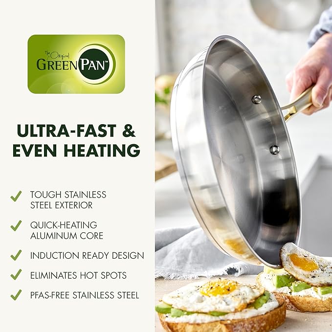 GreenPan 11 Piece Stainless Steel Cookware Set, Induction Ready, Tri-Ply Multiclad Pots & Pans with Lids, Compatible on All Cooktops, Measurement Markings, Dishwasher & Oven Safe, Swift, Gold Handles