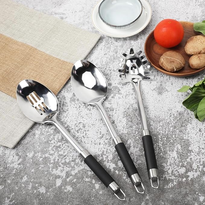 3-Piece,Stainless Steel Serving spoons set with Slotted Spoon, Serving Spoon and Spaghetti Spoon, kitchen cooking serving utensils set cooking spoon.
