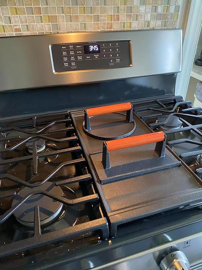 Burger Press 7.08" Round & 8.3”X4.3”Rectangle Heavy-Duty Cast Iron Smash Meat Steak With Wood Handle for Blackstone Camp chef Pitboss Weber Treager Griddle Grills (Round & Rectangle)