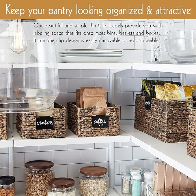 18 Pack Metal Pantry Baskets with Clips, Labels and 4 White Chalk Markers - Organization and Storage for Kitchen Bins