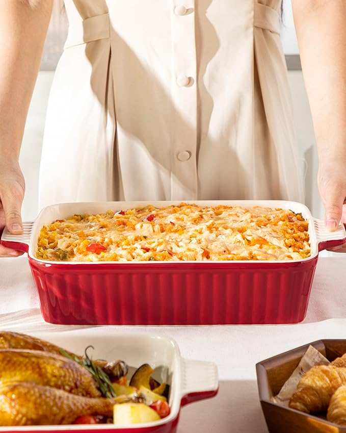 MALACASA 4.4 QT Baking Dish, 9x13 Large Casserole Dish for Oven, Ceramic Baking Pan, Rectangular Lasagna Pan Deep with Handles for Baking, Durable Microwave Oven Safe, Red, Series BAKE-BAKE