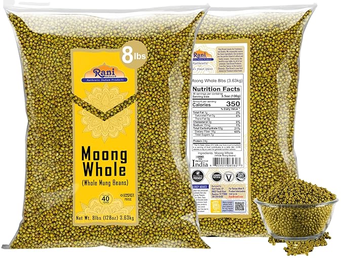 Rani Moong Whole (Ideal for cooking & sprouting, Whole Mung Beans with skin) Lentils Indian 128oz (8lbs) 3.63kg Bulk ~ All Natural | Gluten Friendly | Non-GMO | Kosher | Vegan | Indian Origin