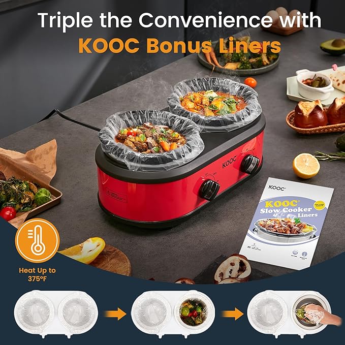 KOOC Double Small Slow Cooker, Buffet Server and Warmer, 2 Mini Pots with 3 Individual Adjustable Temp, Dual Ceramic Pots, Free Liners for Easy Clean-up, Stainless Steel, Total 2.5 Quart, Red, Round