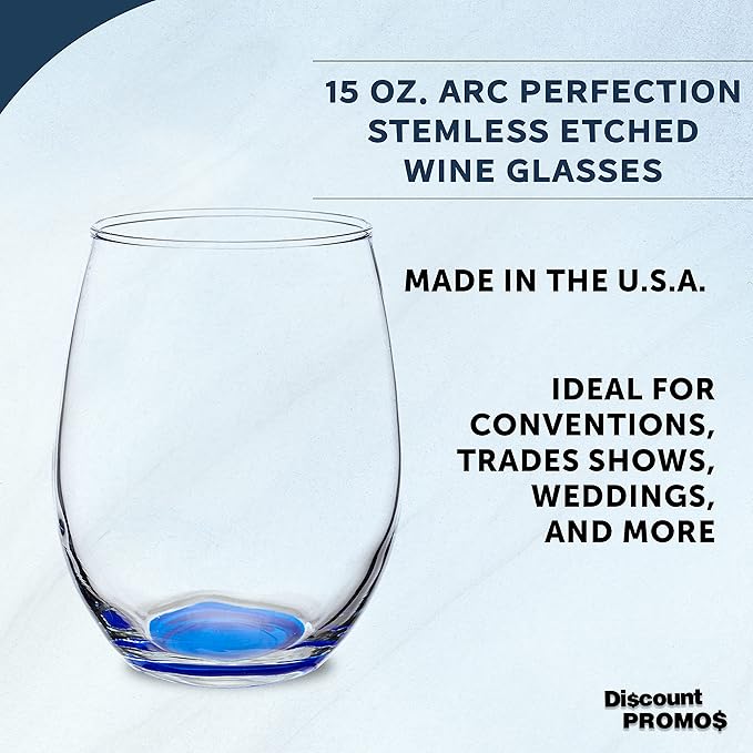 DISCOUNT PROMOS Stemless Wine Glasses in Bulk by ARC Perfection, 15 oz -10 pack, Red or White Wine Glass Drinking Set, Blue