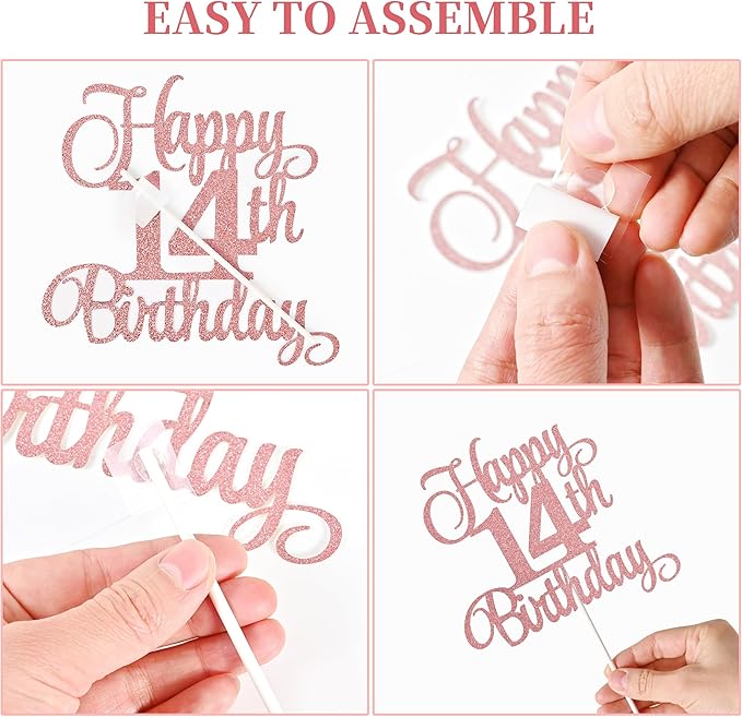 14th Birthday Cake Decorations, 14th Birthday Candles Cake Numeral Candles and Glitter Happy 14th Birthday Cake Toppers Set for Birthday Party Supplies (Rose Gold)