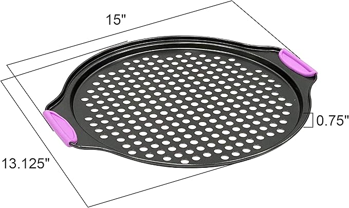 Amazing Abby - Chef Stacy - 2-Pack 13-Inch Non-Stick Pizza Pan with Holes, Perforated Pizza Crisper with Heat-Resistant Silicone Handle Grips, Oven-Safe Bakeware, Carbon Steel Baking Pan for Oven