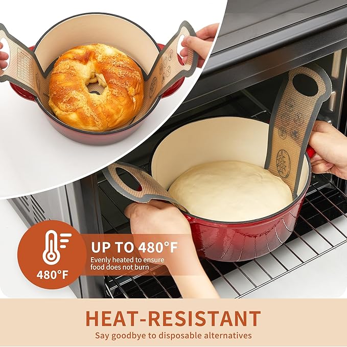 Silicone Sourdough Bread Sling Mat - 2Pcs Round Dough Baking Slings for Dutch Oven, NonStick High Degree Kitchen Sourbread Making Loaf Pan Lifter Liner, Reusable Cooking Transfer Mats with Long Handle