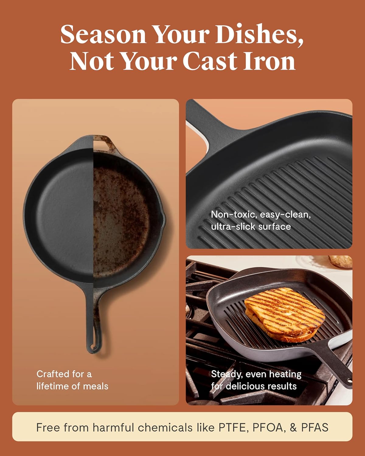Caraway Enameled Cast Iron Grill Pan - 10.5” Grill Pan for Stovetop Cooking - 3 Layer Enamel Coating - No Seasoning Required - Compatible With All Stovetops - Free From Forever Chemicals - Light Mist